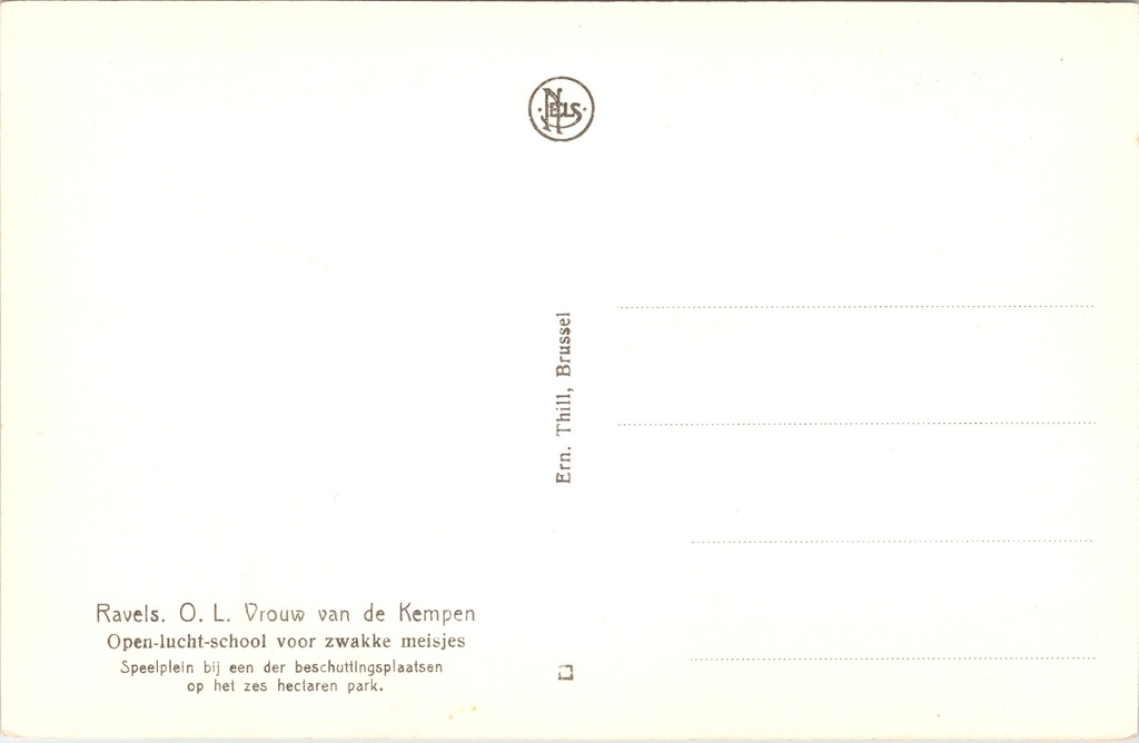 Ravels - "O.L. Vrouw van de Kempen" - Speelplein van de open-lucht-school – achterzijde van de originele postkaart