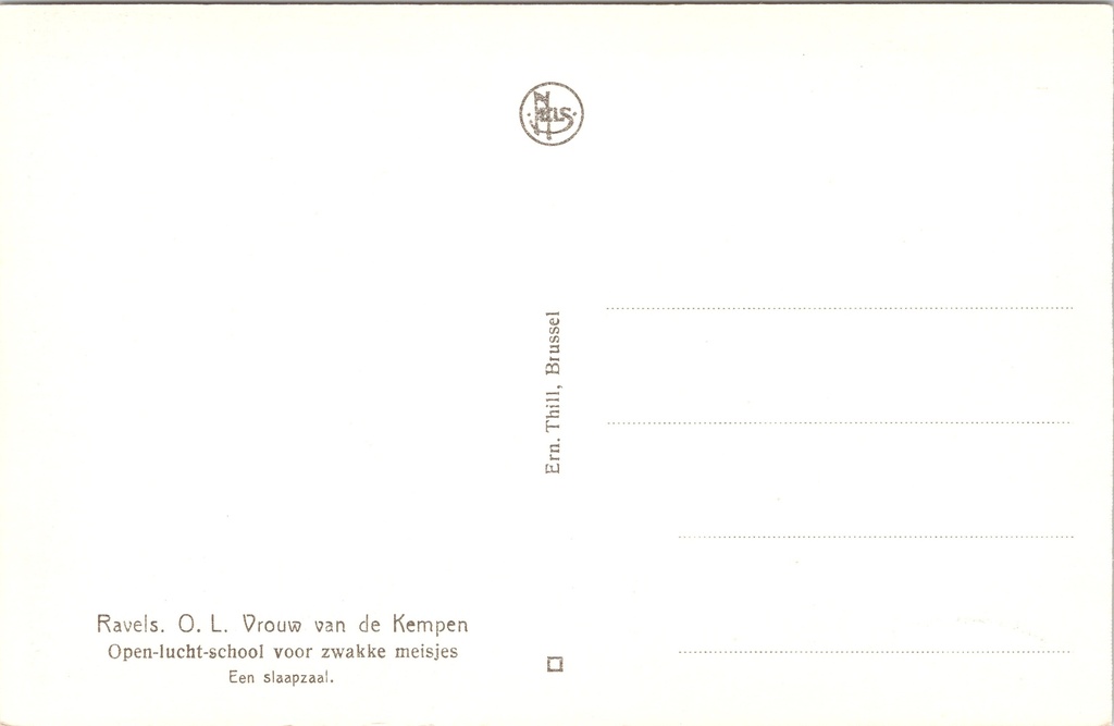 Ravels - "O.L. Vrouw van de Kempen" - Slaapzaal van de open-lucht-school – achterzijde van de originele postkaart