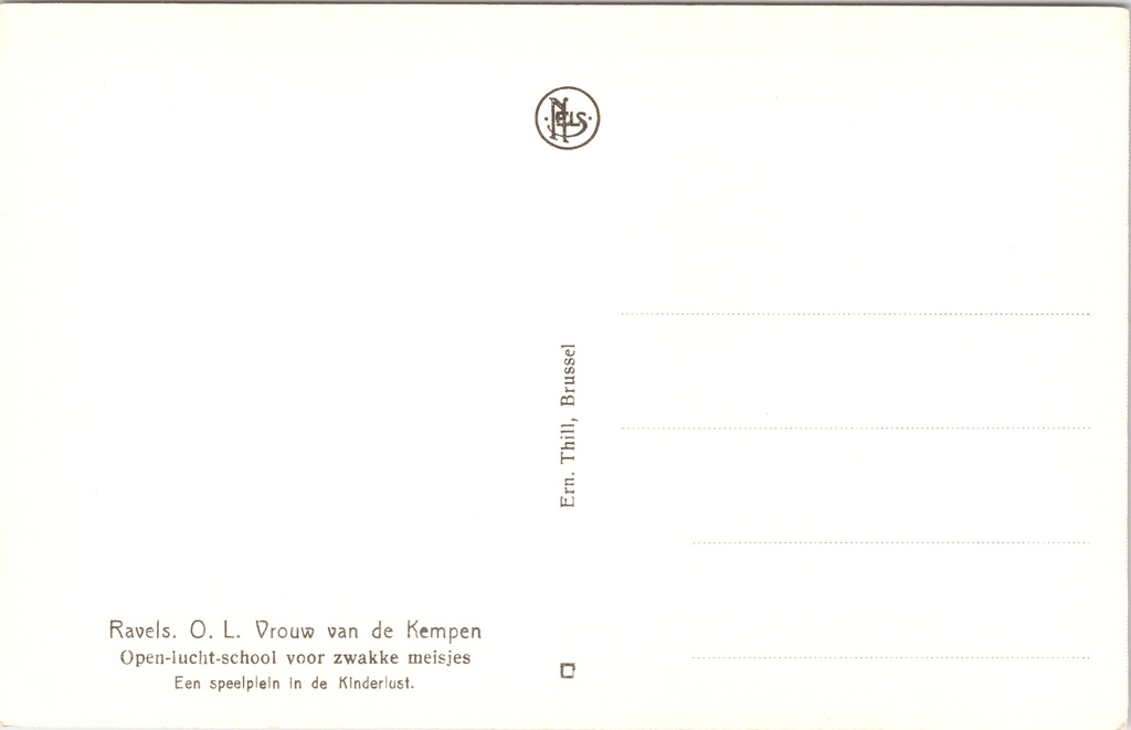 Ravels - "O. L. Vrouw van de Kempen" - Speelplein Kinderlust, open-luchtschool – achterzijde van de originele postkaart