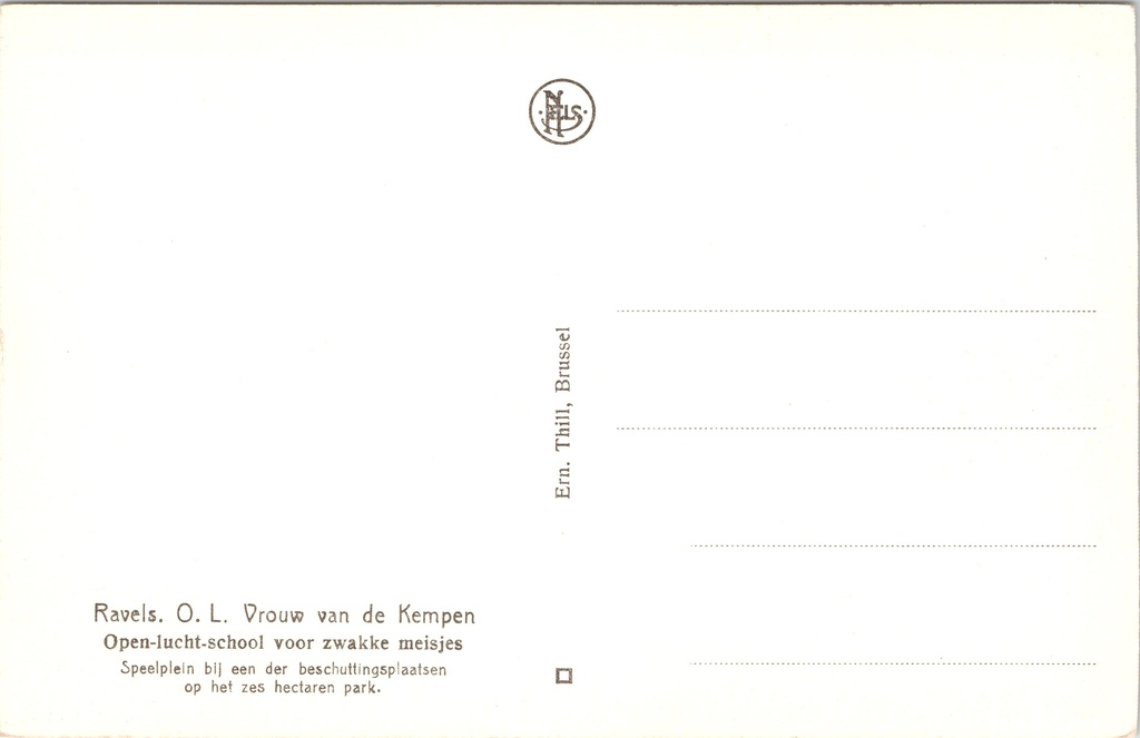 Ravels - "O. L. Vrouw van de Kempen" - Open-lucht-school voor zwakke meisjes – achterzijde van de originele postkaart