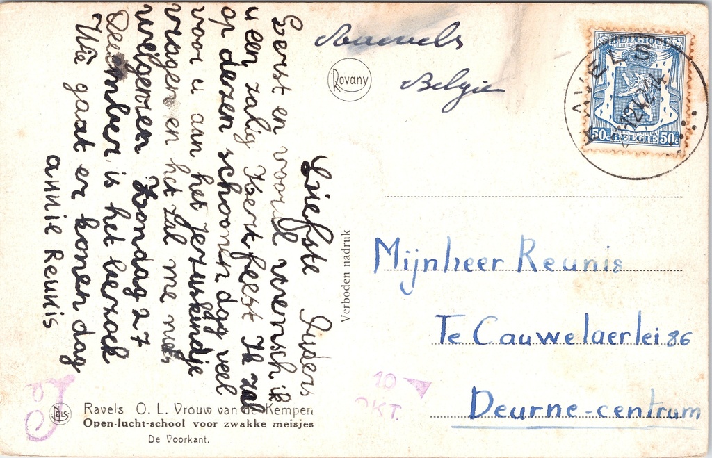 Ravels - "O.L. Vrouw van de Kempen" - Open-lucht-school voor zwakke meisjes – achterzijde van de originele postkaart