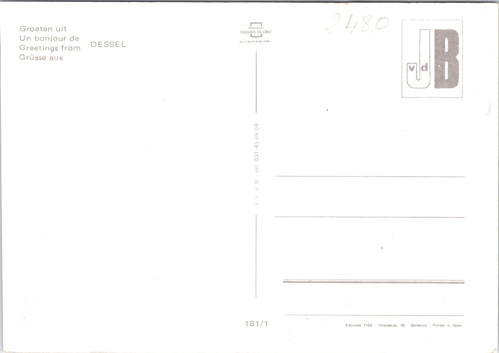 Dessel - "DESSEL" - Multizicht met kanaal, gemeentehuis, kerk en hoeve – achterzijde van de originele postkaart