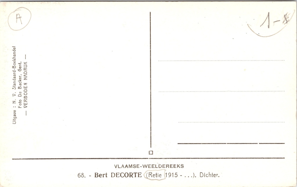 Retie - "Bert DECORTE" - Portretkaart van dichter Bert Decorte uit Retie (1915) – achterzijde van de originele postkaart