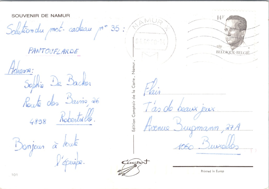 Namur - "Souvenir de Namur" - Meervoudige stadsgezichten met Citadel, Samber – achterzijde van de originele postkaart