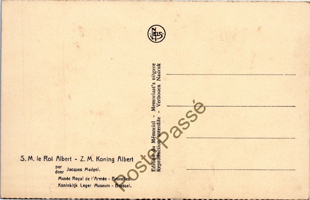 Brussel - "S. M. le Roi Albert - Z. M. Koning Albert" - Portret Koning Albert I – achterzijde van de originele postkaart