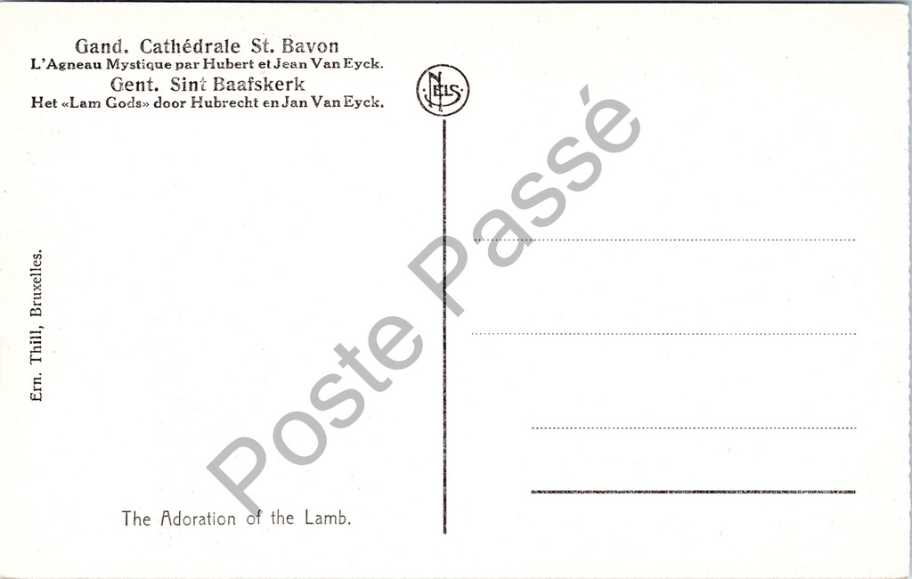 Gent - "L'Adoration de l'Agneau. - De aanbidding van het Lam." - Het Lam Gods – achterzijde van de originele postkaart