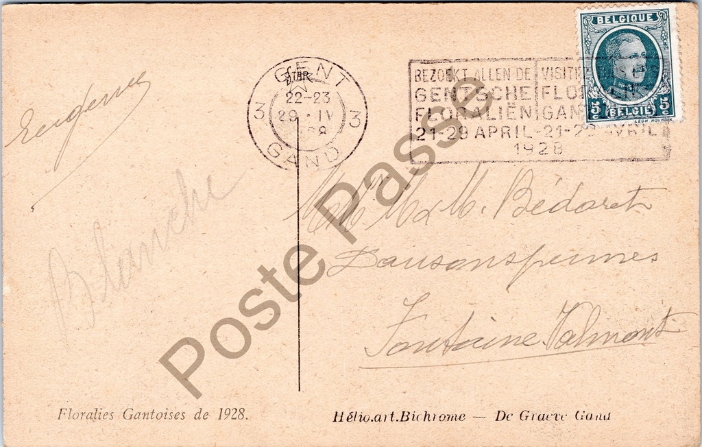 Gent - "Floralies Gantoises de 1928" - Bloemententoonstelling aan het Royal Casino – achterzijde van de originele postkaart