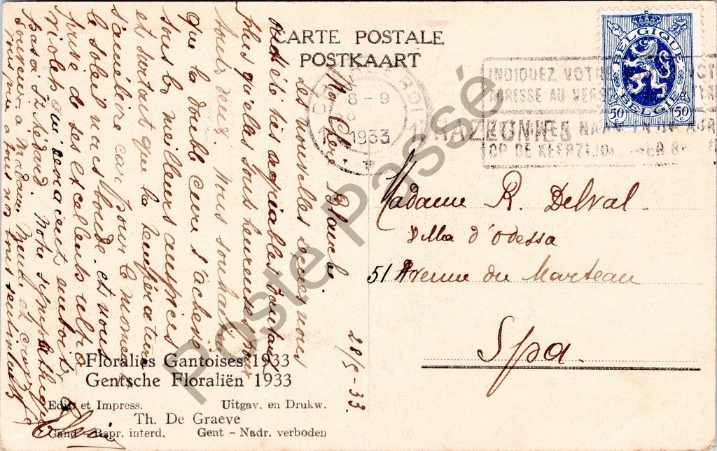 Gent - "Floralies Gantoises 1933 / Gentsche Floralïen 1933" - Gentse Floraliën – achterzijde van de originele postkaart
