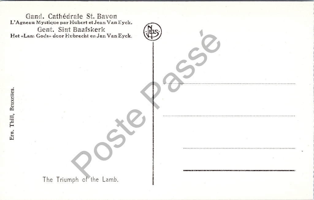 Gent - "Le Triomphe de l'Agneau - De aanbidding van het Lam Gods" - Het Lam Gods – achterzijde van de originele postkaart