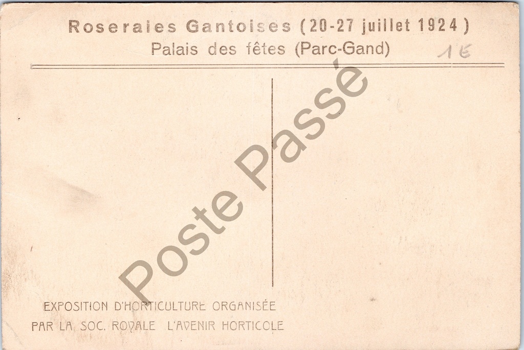 Gent - "Roserales Gantoises - Palais des fêtes (Parc-Gand)" - Gentse Rozentuinen – achterzijde van de originele postkaart