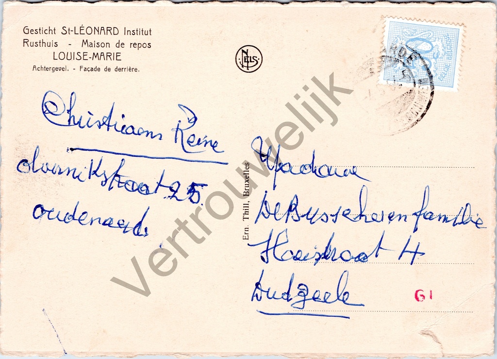 Louise-Marie - "Gesticht St-LÉONARD Institut - Rusthuis - Maison de repos – achterzijde van de originele postkaart