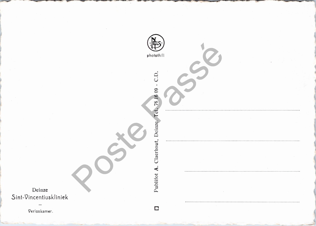 Deinze - "Sint-Vincentiuskliniek — Verloskamer" - Verloskamer – achterzijde van de originele postkaart