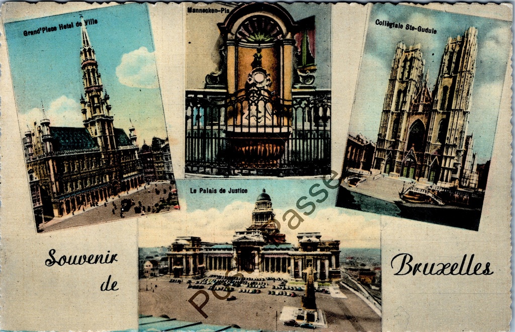 [Brussel0674] Brussel - "Souvenir de Bruxelles" - meerbeeldkaart met Grote Markt, Manneken Pis, Sint-Goedele en Justitiepaleis