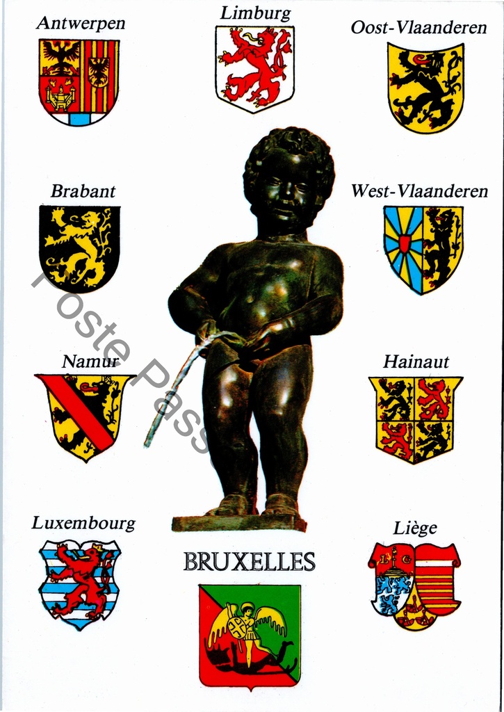 [Brussel0028] Brussel - "BRUXELLES" - Manneken Pis met wapens van de 9 Belgische provincies