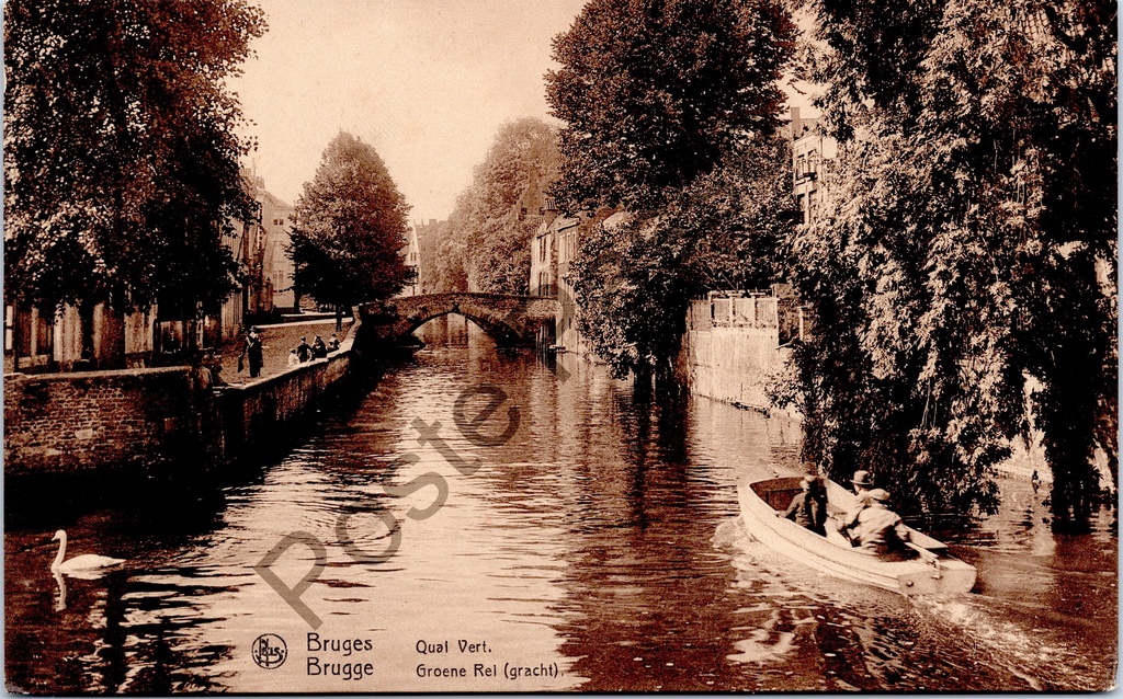 [Brugge0048] Brugge - "Quai Vert. Groene Rei (gracht)." - Zicht op de Groene Rei gracht met zwaan en roeiboot