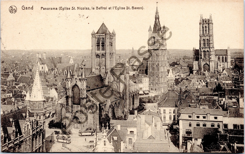 [Gent0250] Gent - "Panorama (Eglise St. Nicolas, le Beffroi et l'Eglise St. Bavon)" - Stadspanorama met Sint-Niklaaskerk, Belfort en Sint-Baafskathedraal