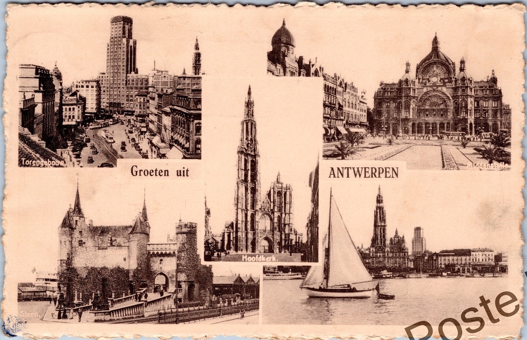 [Antwerpen38] Antwerpen - "Groeten uit Antwerpen" - Meervoudige groetkaart met Torengebouw, Hoofdkerk, Het Steen en Centraal Station