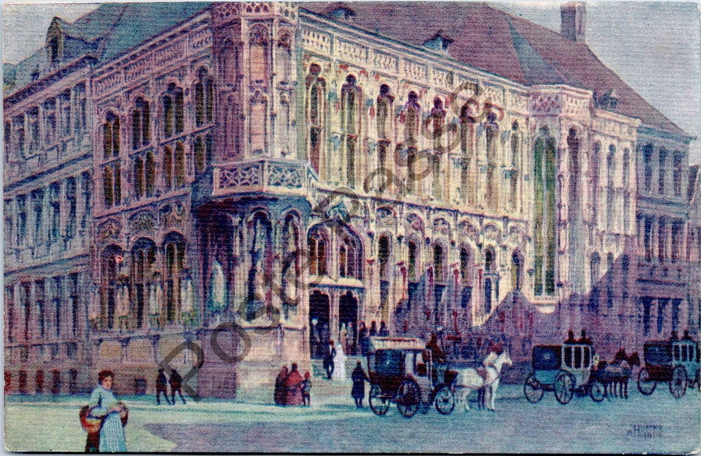 [Gent0348] Gent - "GAND. L'Hôtel de Ville. / GENT. Het Stadhuis." - Aquarel van het Gentse Stadhuis met paardenkoetsen