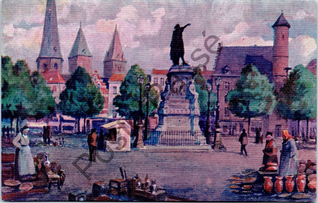 [Gent0432] Gent - "De Vrijdagmarkt" - Aquarelkaart van de Vrijdagmarkt met standbeeld