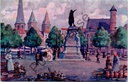 Gent - "De Vrijdagmarkt" - Aquarelkaart van de Vrijdagmarkt met standbeeld