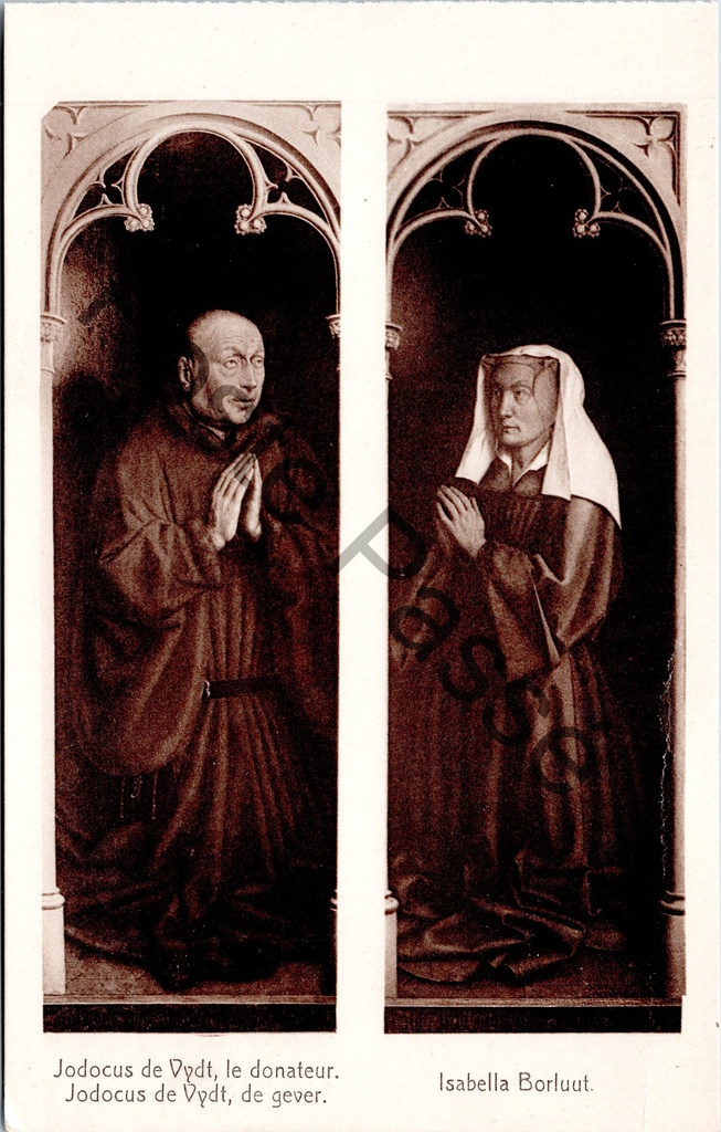 Gent - "Jodocus de Vydt, le donateur. / Isabella Borluut." - Panelen van het Lam Gods met de donateurs Jodocus de Vydt en Isabella Borluut