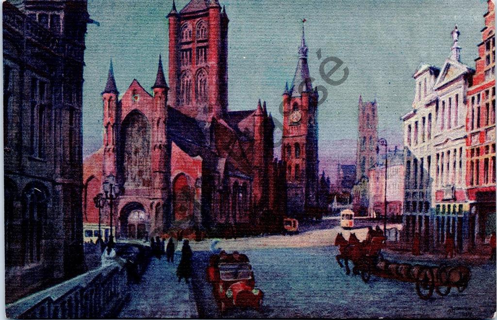Gent - "L'Église Saint-Nicolas, le Beffroi et l'Église Saint-Bavon" - Gezicht op Sint-Nicolaaskerk, Belfort en Sint-Baafskathedraal