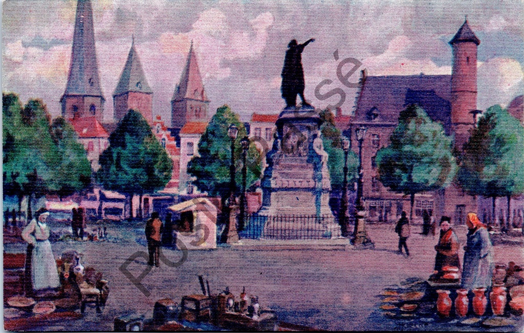 [Gent0556] Gent - "De Vrijdagmarkt" - Aquarelkaart van de Vrijdagmarkt met marktscène en monument