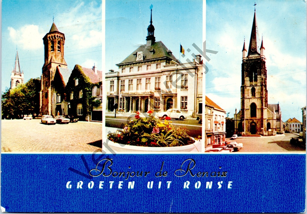 [Ronse0180] Ronse - "Bonjour de Renaix - Groeten uit Ronse" - Meerzicht met stadhuis en kerken