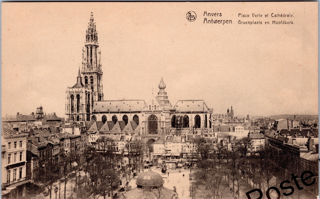 [Antwerpen44] Antwerpen - "Place Verte et Cathédrale / Groenplaats en Hoofdkerk" - Luchtpanorama van de Groenplaats met de Onze-Lieve-Vrouwekathedraal