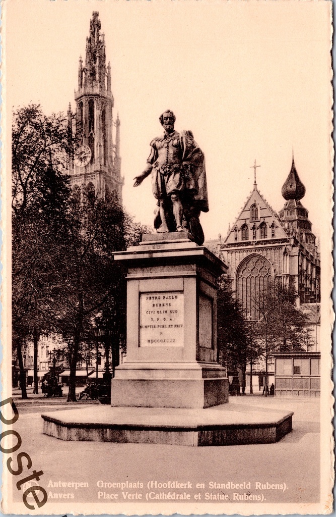 Antwerpen - "Groenplaats (Hoofdkerk en Standbeeld Rubens)" - Groenplaats met Rubenstandbeeld en Onze-Lieve-Vrouwekathedraal