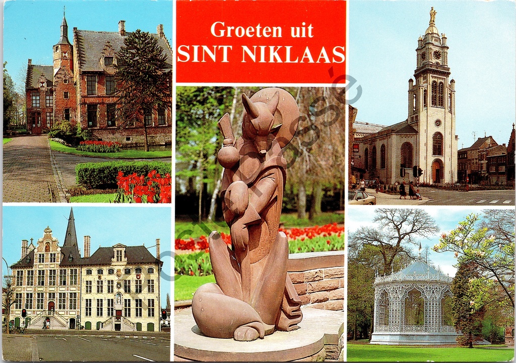 Sint-Niklaas - "Groeten uit Sint Niklaas" - Meerzicht met stadhuis, kerk, kasteel, sculptuur en park