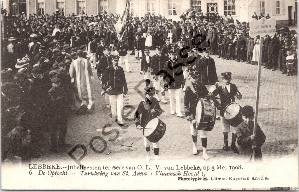 [Lebbeke0376.jpg] Lebbeke - "Jubelfeesten ter eere van O. L. V. van Lebbeke, op 3 Mei 1908" - Optocht Turnkring Sint-Anna tijdens jubelfeesten 1908