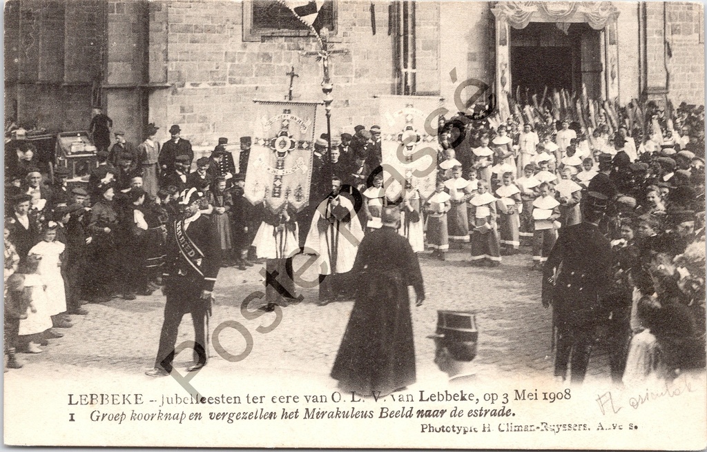 Lebbeke - "Jubelfeesten ter eere van O. L. V. van Lebbeke, op 3 Mei 1908" - Processie met koorknapen en het Miraculeus Beeld