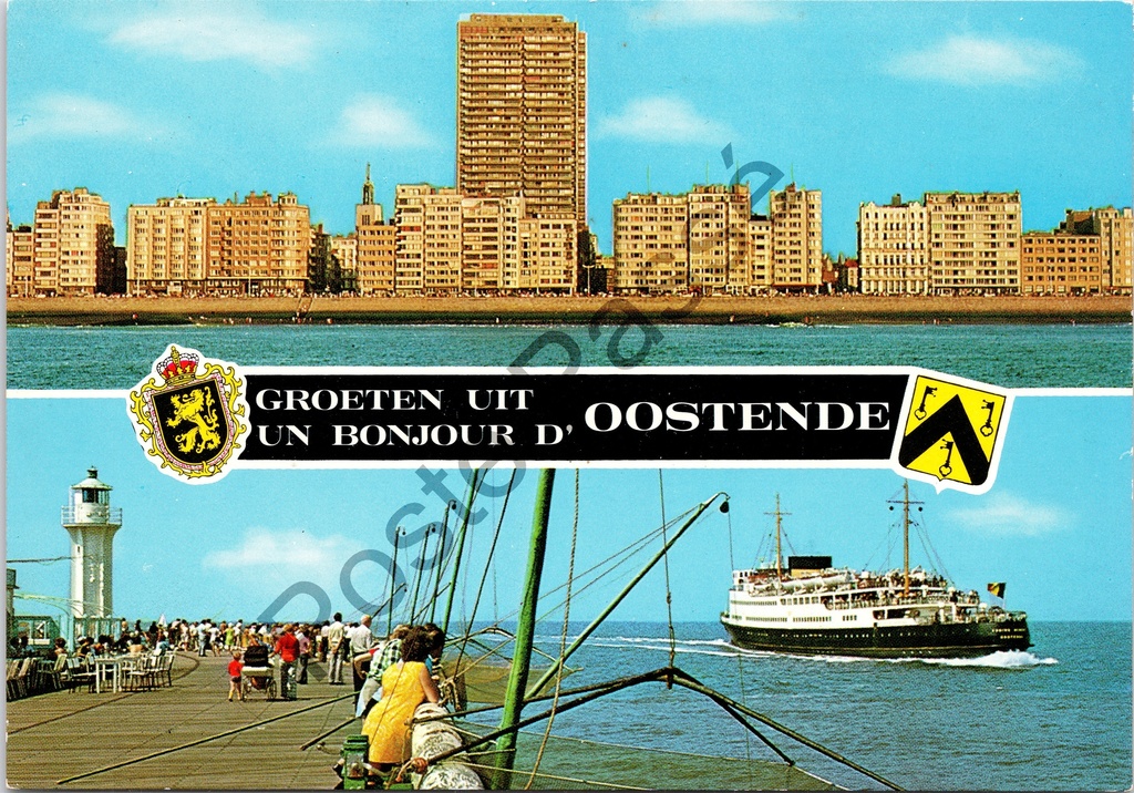 [Oostende0398.jpg] Oostende - "Groeten uit / Un Bonjour d'Oostende" - Zeefront, vuurtoren, wandeldijk en veerboot