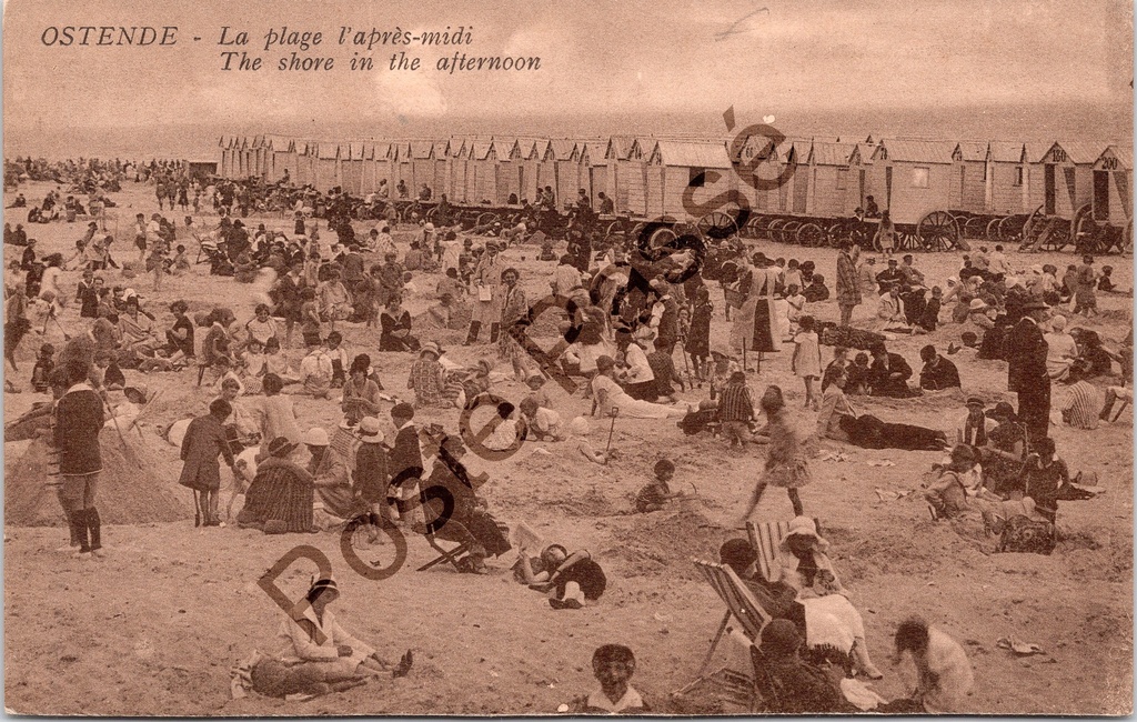 Oostende - "La plage l'après-midi" - Het strand in de namiddag met badkarren