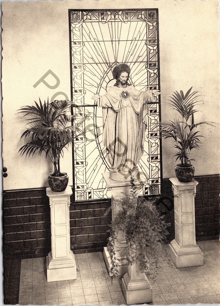 Aalst - "De grote Opvoeder / L'Educateur-Modèle" - Sacré-Cœurbeeld met glas-in-loodpaneel, Instituut St-Vincentius à Paulo, Gijzegem