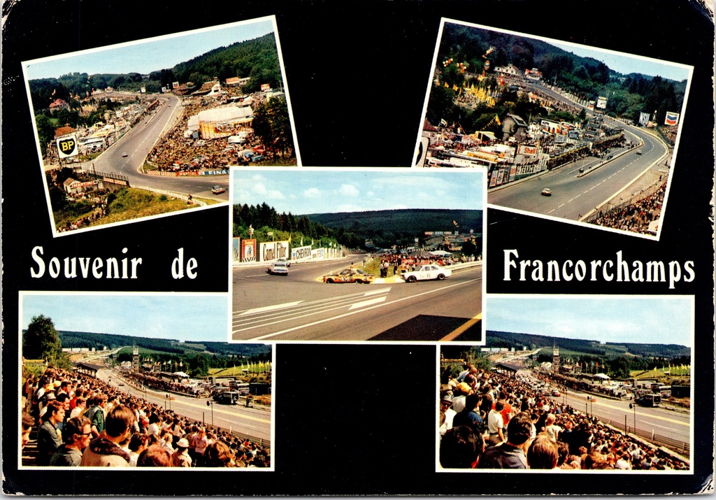 Spa - "Souvenir de Francorchamps" - Vijf luchtfoto's van het Circuit de Spa-Francorchamps met races en toeschouwers