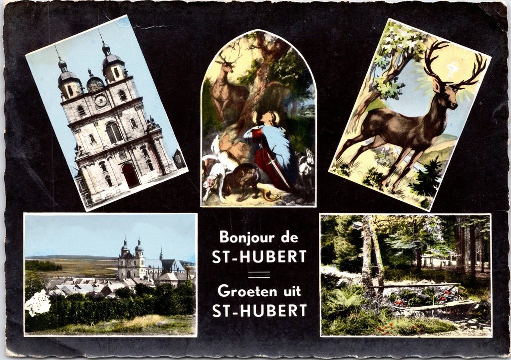 Saint-Hubert - "Bonjour de ST-HUBERT / Groeten uit ST-HUBERT" - Meervoudige kaart met basiliek, stadsgezicht en Sint-Hubertuslegende