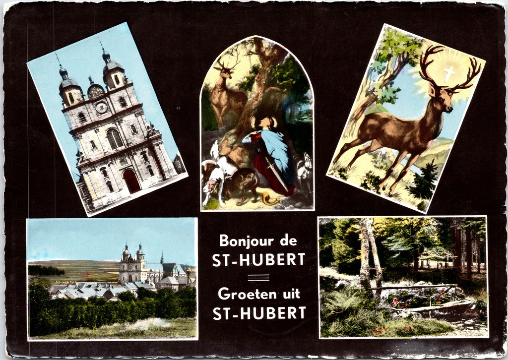 Saint-Hubert - "Bonjour de ST-HUBERT / Groeten uit ST-HUBERT" - Meervoudige kaart met basiliek, legende van Sint-Hubertus en hert met kruis