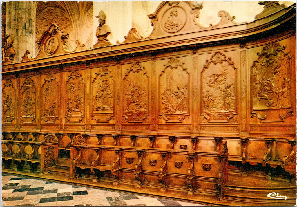 [saint-hubert1645] Saint-Hubert - "Intérieur de la Basilique. Stalles - Vie de Saint Hubert" - Koorgestoelte met reliëfs uit het leven van Sint-Hubertus