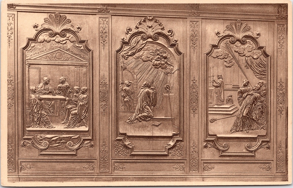 [saint-hubert1653] Saint-Hubert - "La Basilique. Dossiers des Stalles du côté Nord" - Koorgestoelte Noordzijde, 3 scènes uit het leven van Sint-Benedictus