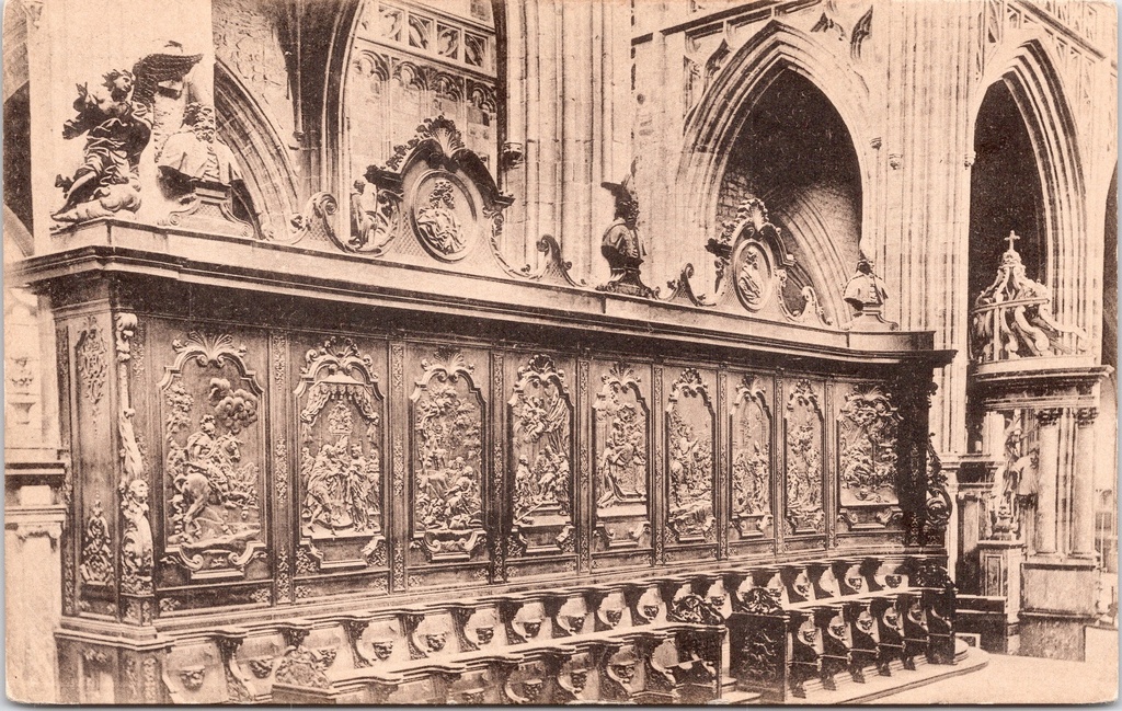 [saint-hubert1665] Saint-Hubert - "L'église abbatiale" - Abdijkerk, zuidelijke koorbanken met eiken reliëfpanelen
