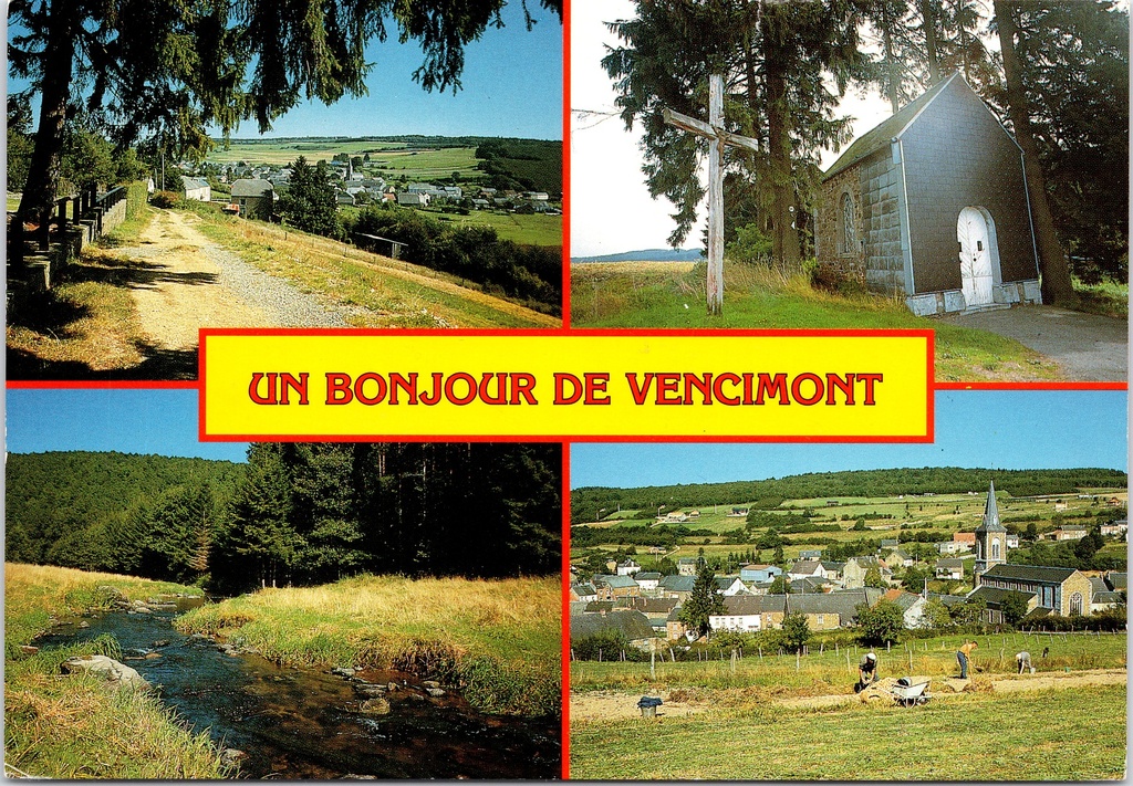 Gedinne - "Un Bonjour de Vencimont" - Meervoudige weergave van het dorp Vencimont met landschap, kapel, beek en panorama