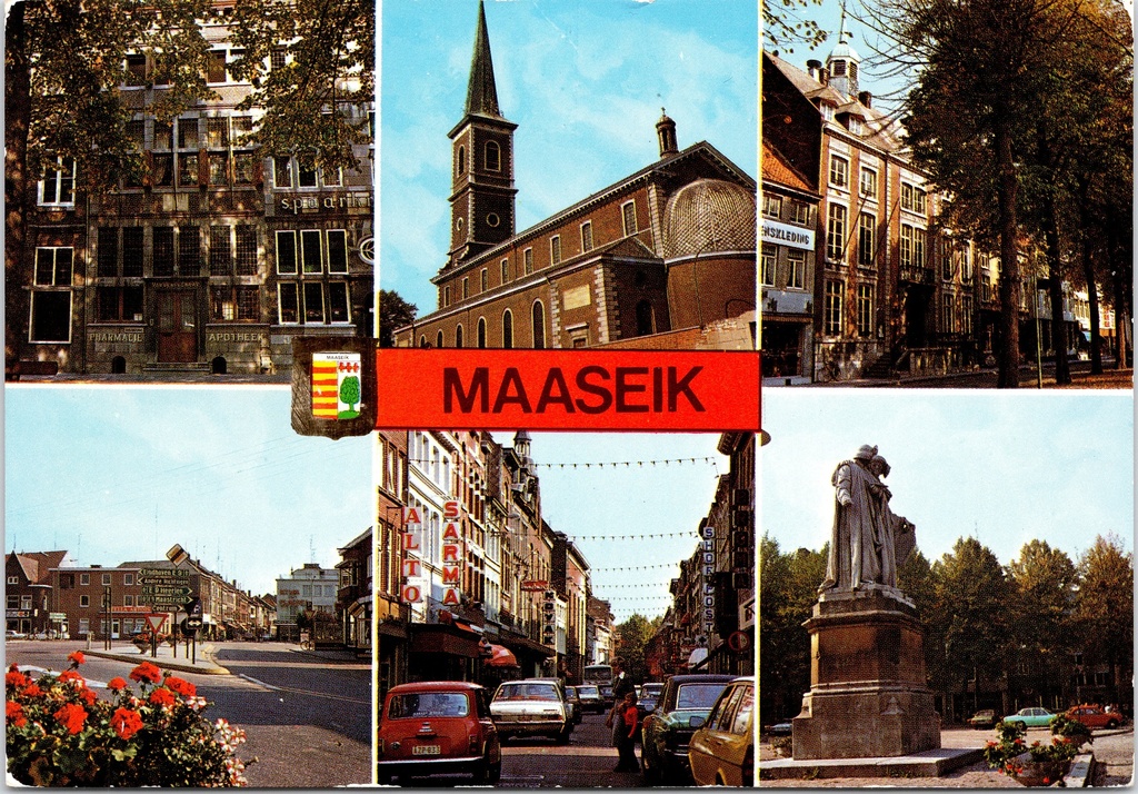 Maaseik - "MAASEIK" - Meervoudige stadskaart met kerk, stadhuis, winkelstraat en monument