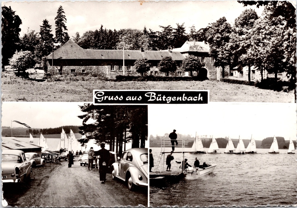 [F1821] Bütgenbach - "Gruss aus Bütgenbach" - Meerdere zichten: boerderij, jachthaven en zeilboten op het meer