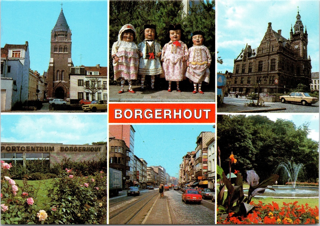 [F1935] Antwerpen - "BORGERHOUT" - Meervoudige zichtkaart met kerk, gemeentehuis, marionetten, Sportcentrum en park