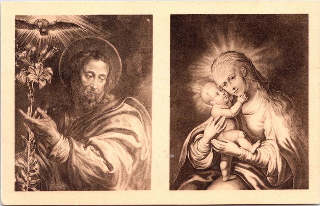 [H1959] Mol - "Postel" - Afdrukken van koperen drukplaten uit de kunstschat van de abdij: Sint-Jozef met lelie en Heilige Geest; Madonna met Kind