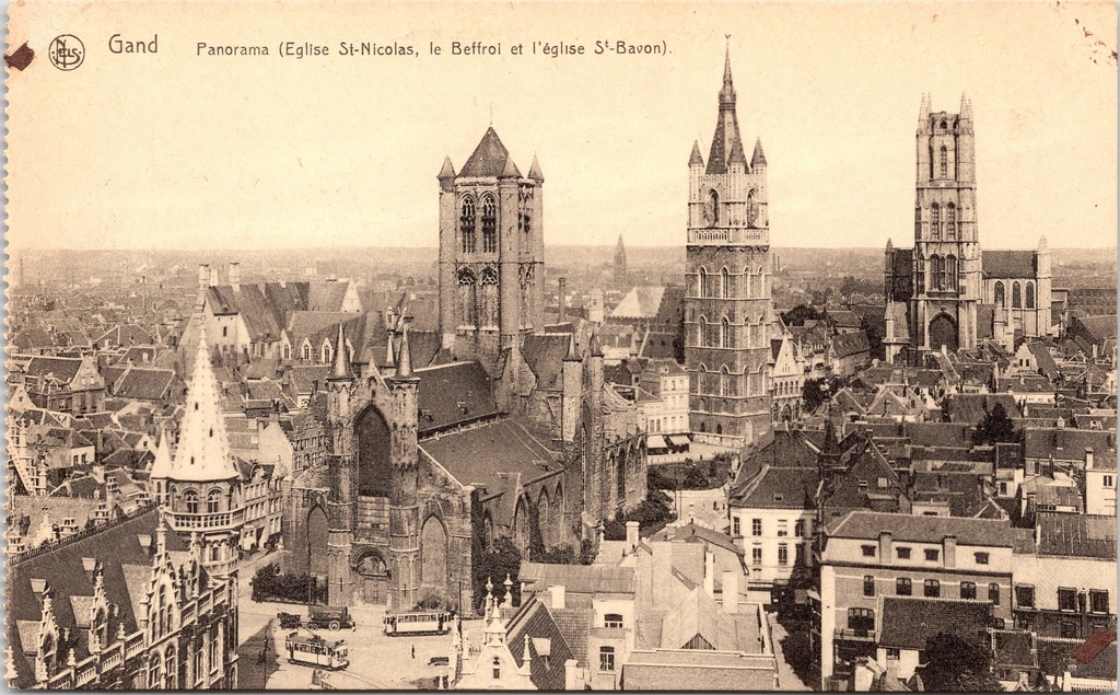 Gent - "Panorama (Eglise St-Nicolas, le Beffroi et l'église St-Bavon)" - Panorama met Sint-Niklaaskerk, Belfort en Sint-Baafskathedraal