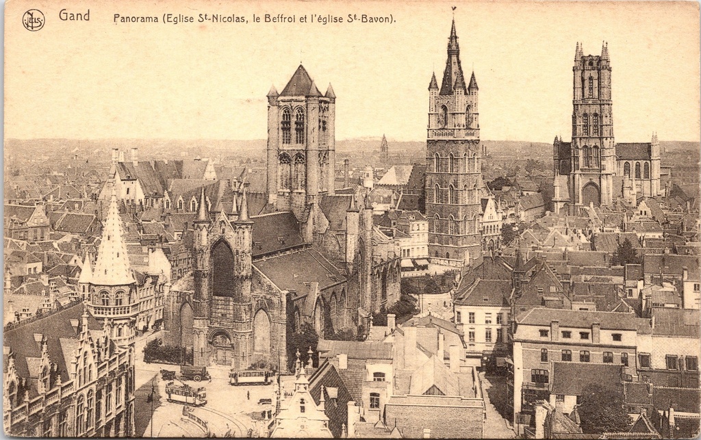 Gent - "Panorama (Eglise St-Nicolas, le Beffroi et l'église St-Bavon)" - Stadspanorama met Sint-Niklaaskerk, Belfort en Sint-Baafskathedraal