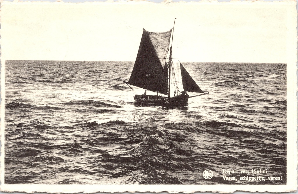 Middelkerke - "Départ vers l'infini. Varen, schippertje, varen!" - Zeilboot op zee bij Westende